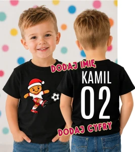 Świąteczna koszulka dla dziecka na Mikołajki z Piernikiem oraz imieniem i numerem na plecach