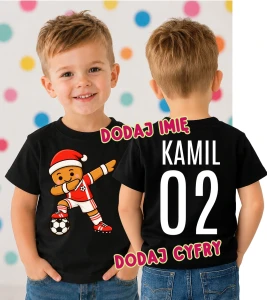 Świąteczna koszulka dla dziecka na Mikołajki z Piernikiem oraz imieniem i numerem na plecach