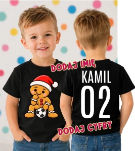 Świąteczna koszulka dla dziecka na Mikołajki z Piernikiem oraz imieniem i numerem na plecach