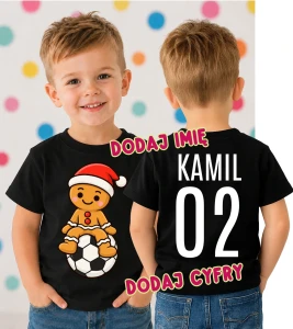 Świąteczna koszulka dla dziecka na Mikołajki z Piernikiem oraz imieniem i numerem na plecach