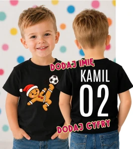 Świąteczna koszulka dla dziecka na Mikołajki z Piernikiem oraz imieniem i numerem na plecach