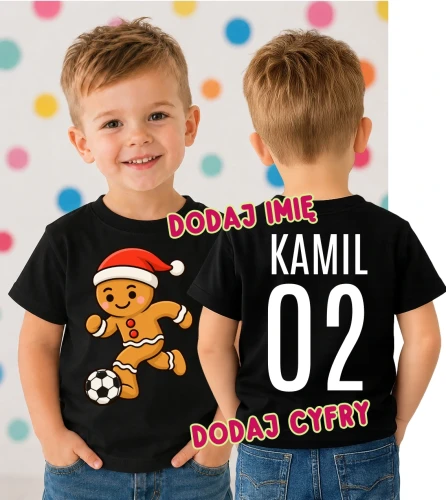 Świąteczna koszulka dla dziecka na Mikołajki z Piernikiem oraz imieniem i numerem na plecach.webp