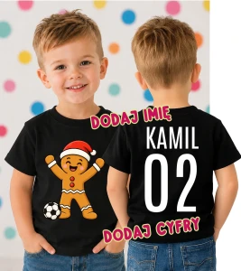 Świąteczna koszulka dla dziecka na Mikołajki z Piernikiem oraz imieniem i numerem na plecach