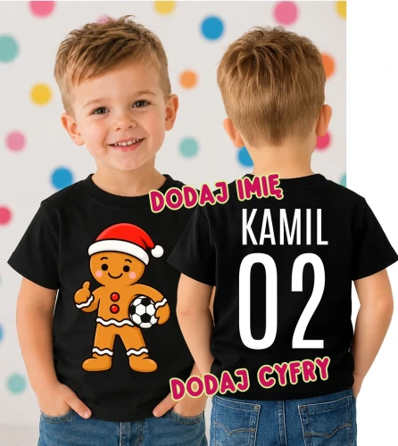 Świąteczna koszulka dla dziecka na Mikołajki z Piernikiem oraz imieniem i numerem na plecach.webp