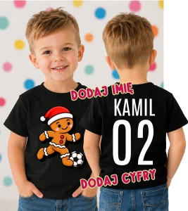Świąteczna koszulka dla dziecka na Mikołajki z Piernikiem oraz imieniem i numerem na plecach