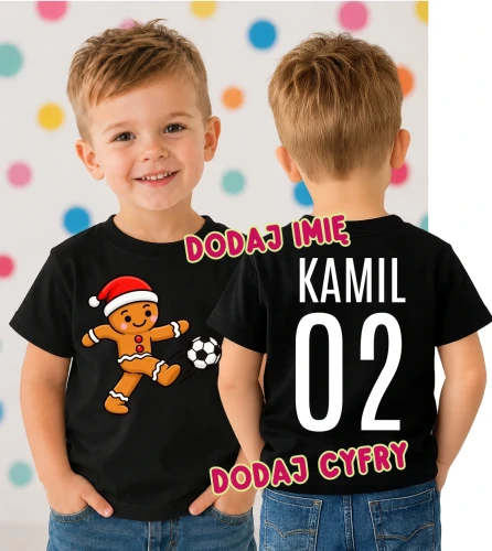 Świąteczna koszulka dla dziecka na Mikołajki z Piernikiem oraz imieniem i numerem na plecach.webp