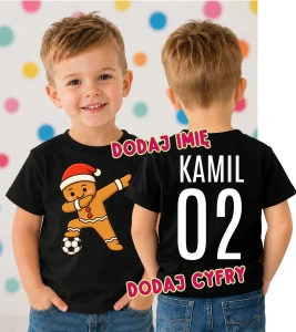 Świąteczna koszulka dla dziecka na Mikołajki z Piernikiem oraz imieniem i numerem na plecach