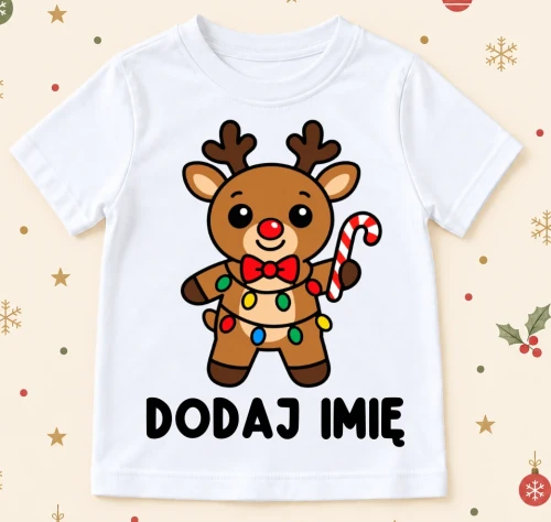 Koszulka dla dziecka z reniferem i imieniem na Mikołajki .webp