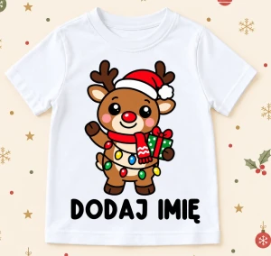 Koszulka dla dziecka z reniferem i imieniem na prezent na Mikołajki 