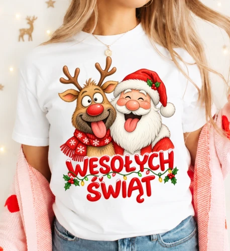 Biała damska koszulka świąteczna na Mikołajki - merry405-6.webp