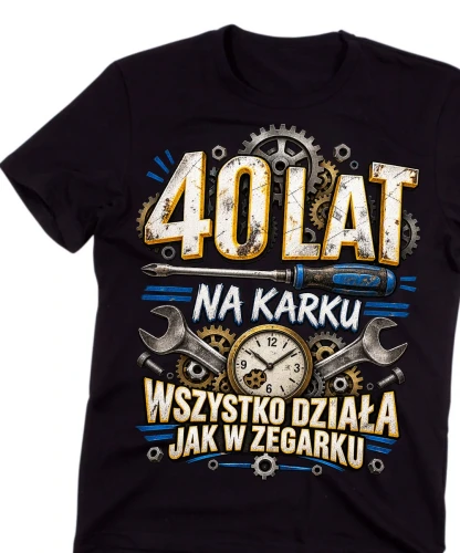 Męska czarna koszulka na 40 urodziny-40 LAT NA KARKU W SZYSTKO DZIAŁA JAK W ZEGARK.webp