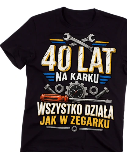Męska czarna koszulka na 40 urodziny-40 LAT NA KARKU W SZYSTKO DZIAŁA JAK W ZEGARKu.webp