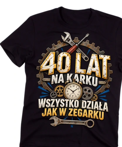Męska czarna koszulka na 40 urodziny-40 LAT NA KARKU W SZYSTKO DZIAŁA JAK W ZEGARKu.webp