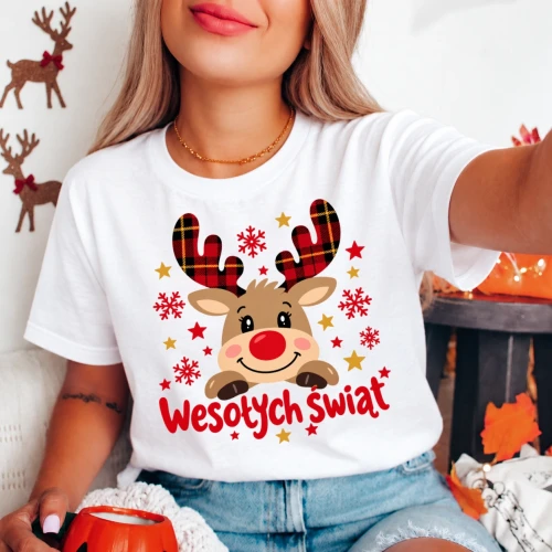 Damska biała koszulka z reniferem .webp