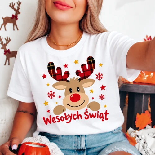 Damska biała koszulka z reniferem .webp