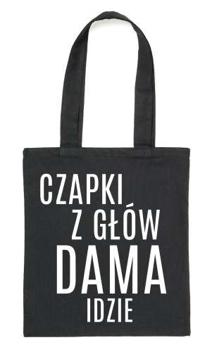 Czarny Shopper"CZAPKI Z GŁÓW DAMA IDZIE"
